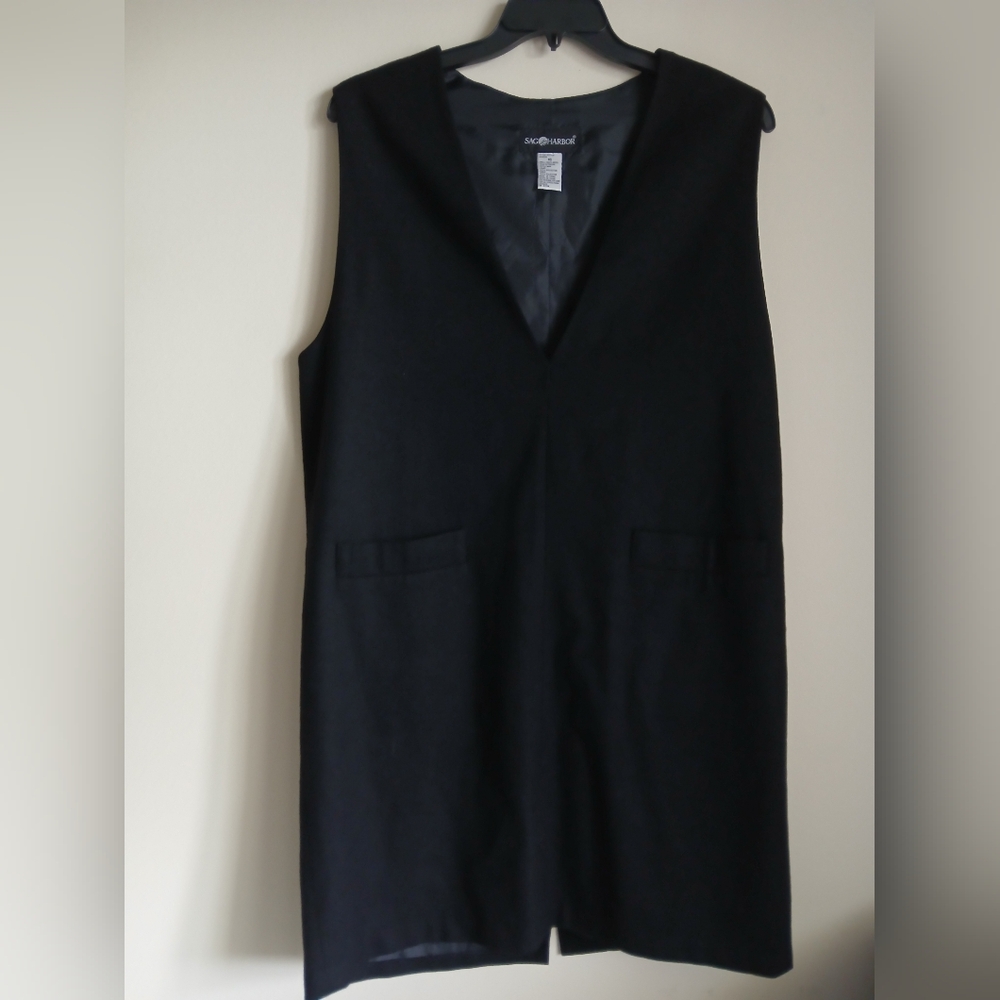Vintage 90s Sag Harbor Black Wool V-Neck Mini Overall Vest Dress Size 16